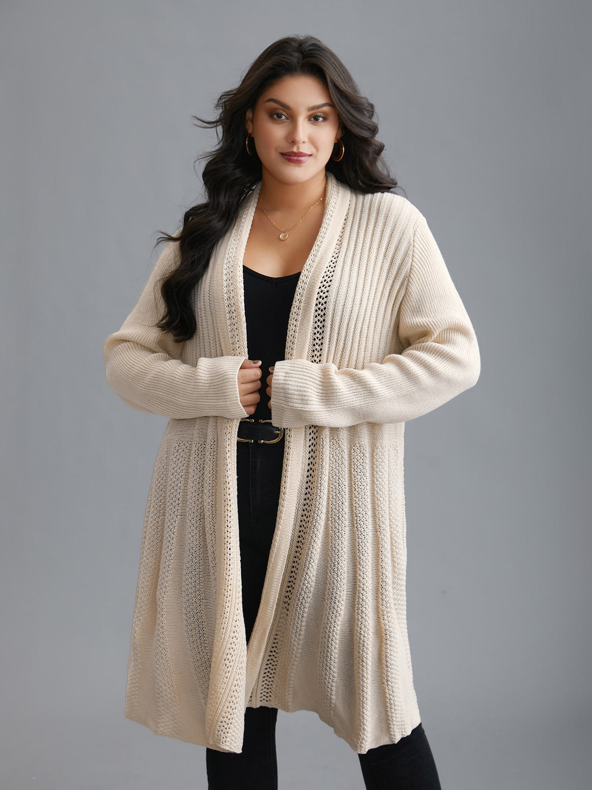 Textured Kimono Collar Long Cardigan