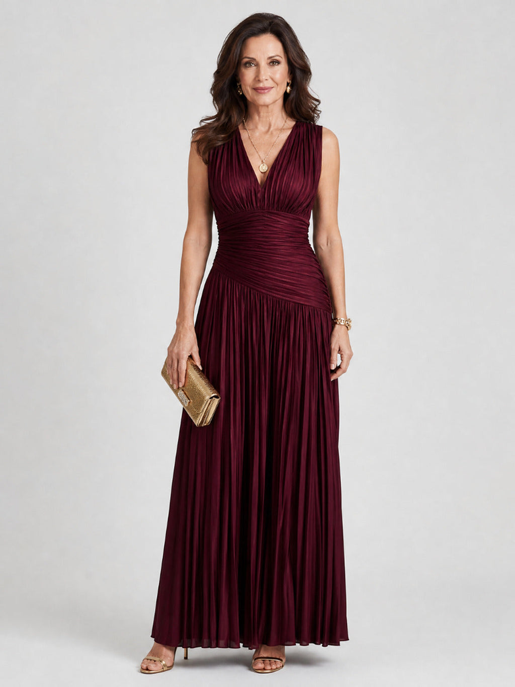 Rosalie | Sleeveless Pleated V Neck Midi Dress