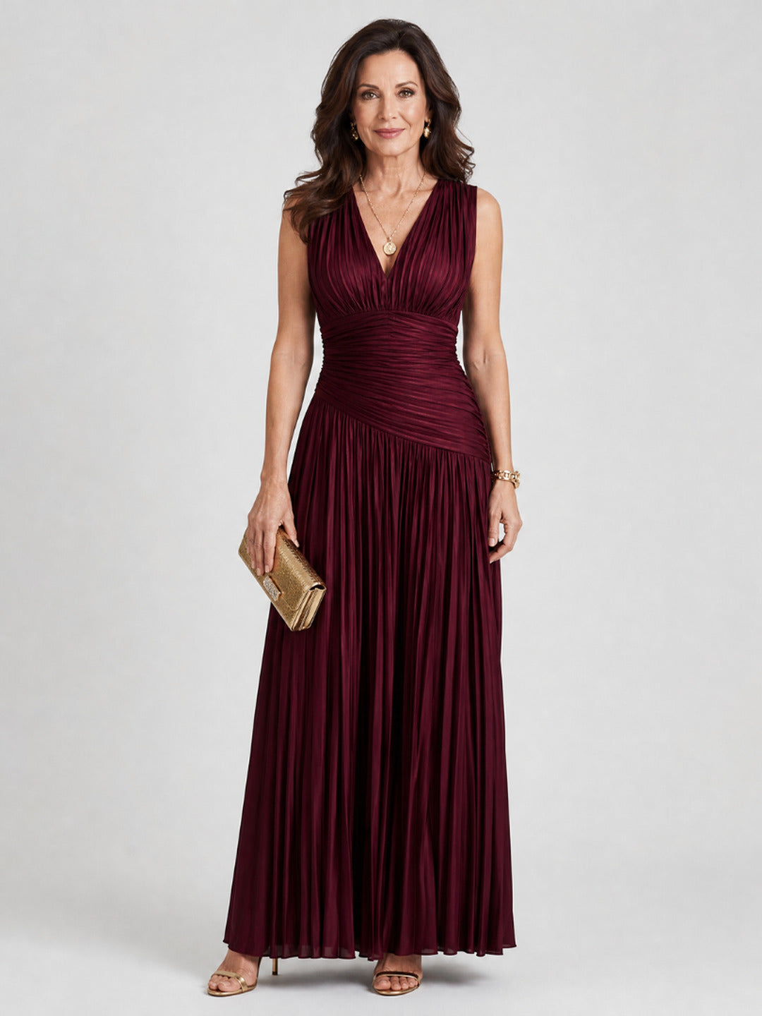 Rosalie | Sleeveless Pleated V Neck Midi Dress