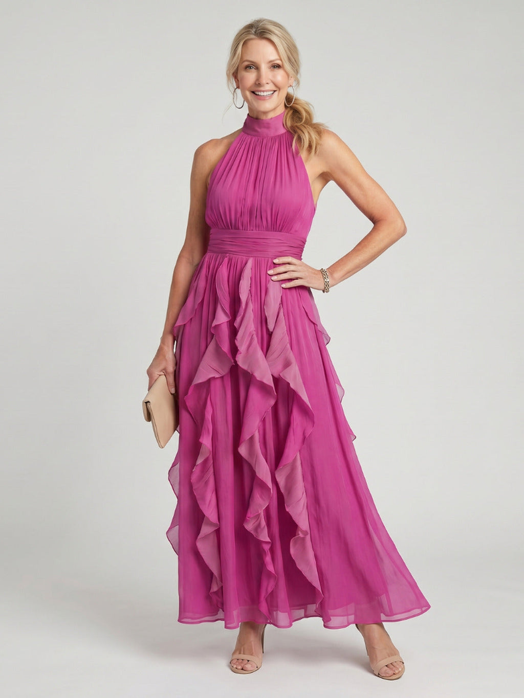 Christine | High Neck Gathered Ruffle Layers Maxi Dress