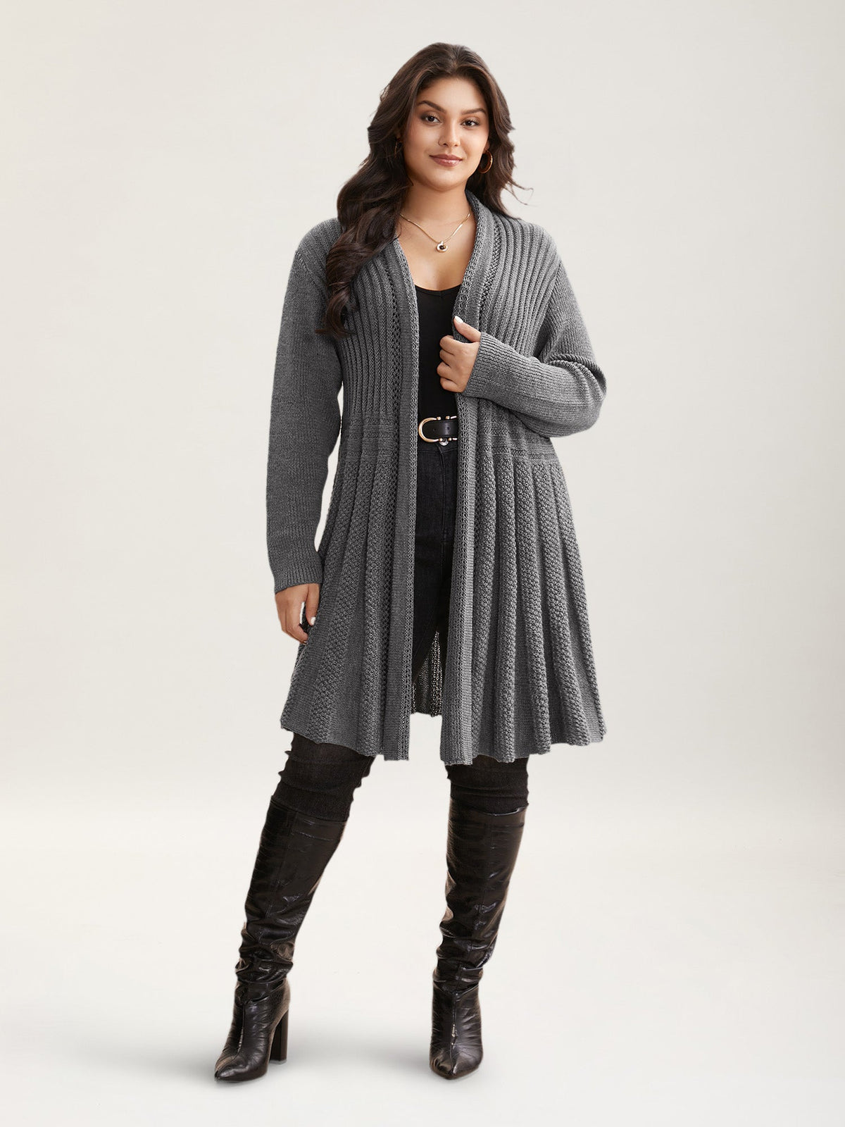 Textured Kimono Collar Long Cardigan