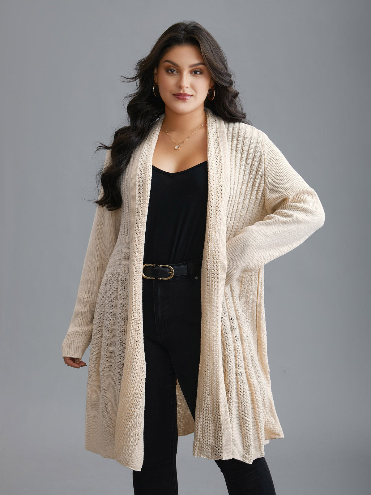 Textured Kimono Collar Long Cardigan