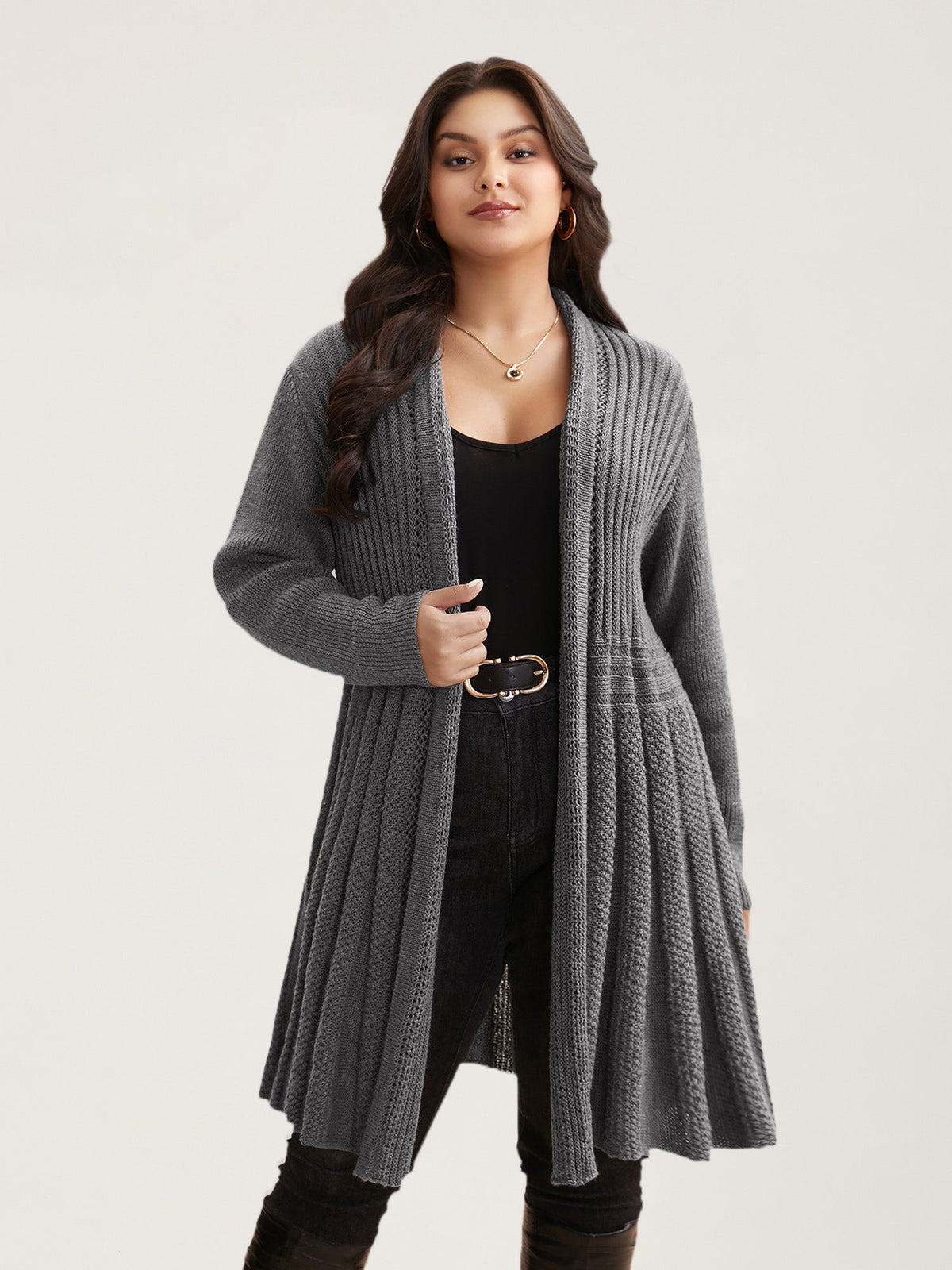 Textured Kimono Collar Long Cardigan
