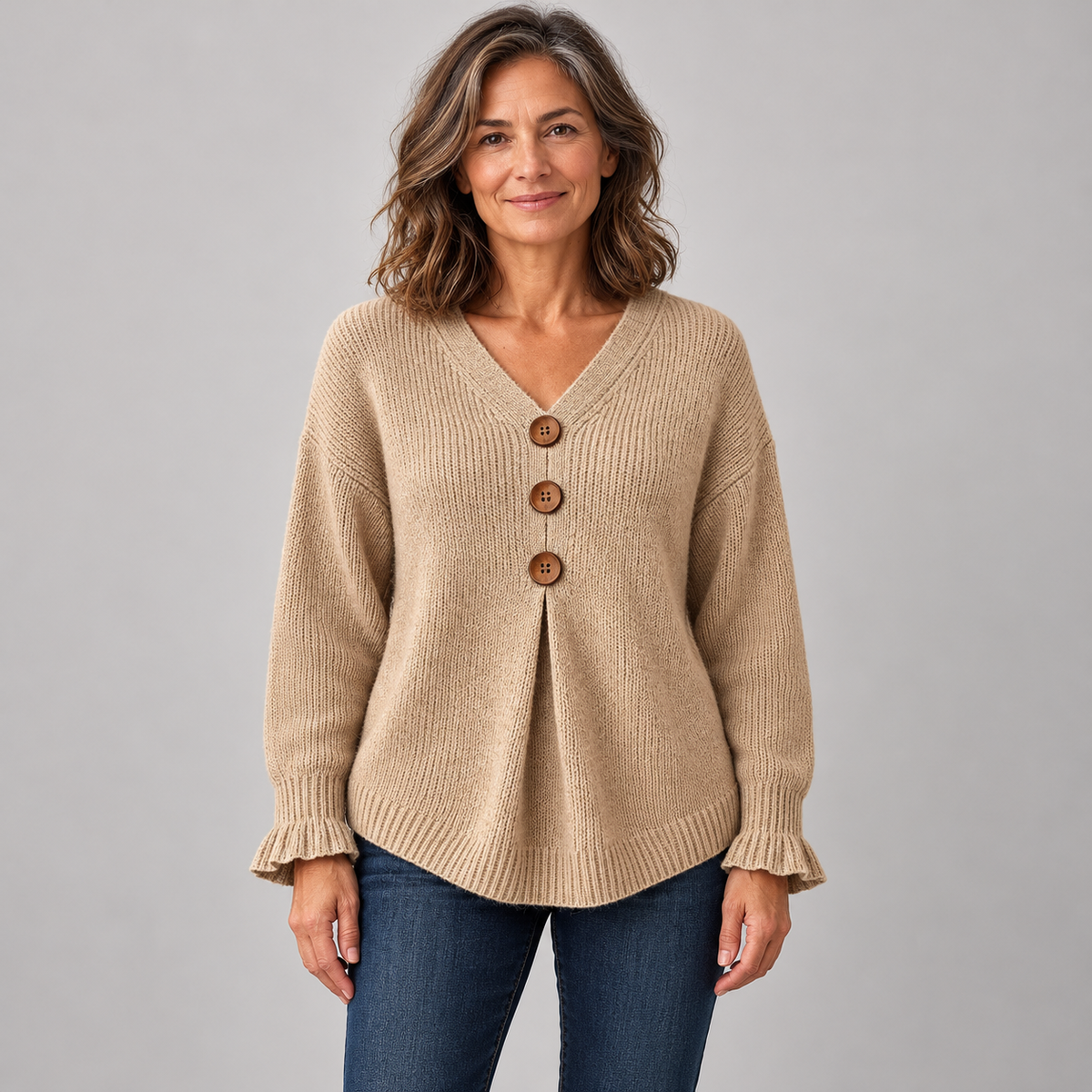Amelie™ | Button-Detail V-Neck Sweater