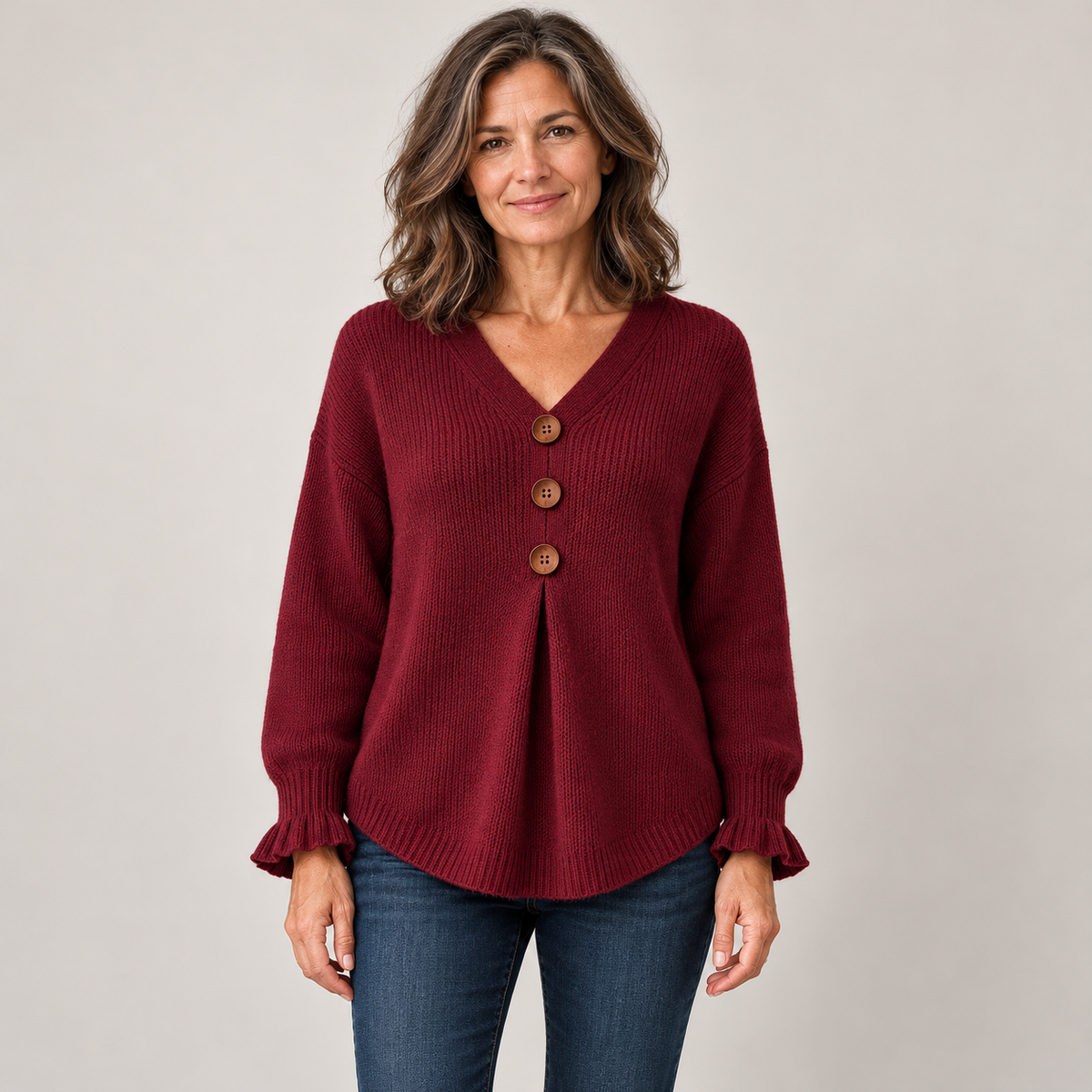 Amelie™ | Button-Detail V-Neck Sweater