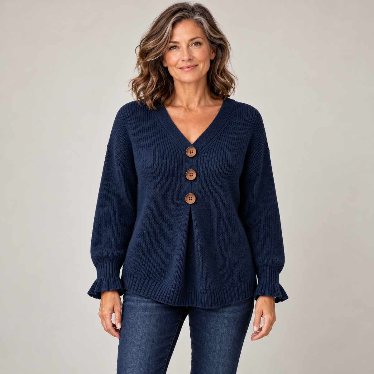 Amelie™ | Button-Detail V-Neck Sweater