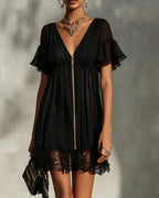 Olivetta | Zip-Front Lace Mini Dress