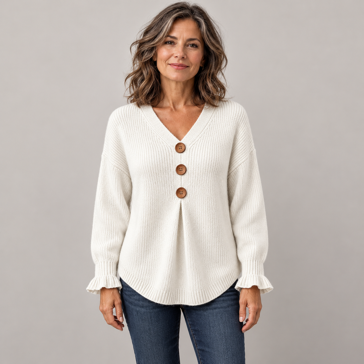 Amelie™ | Button-Detail V-Neck Sweater