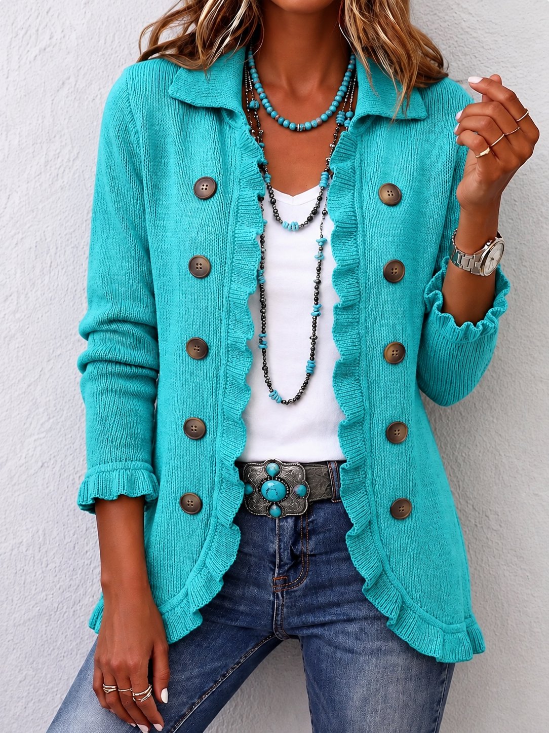 Finley | Turquoise Ribbed Knit Ruffle Jacket