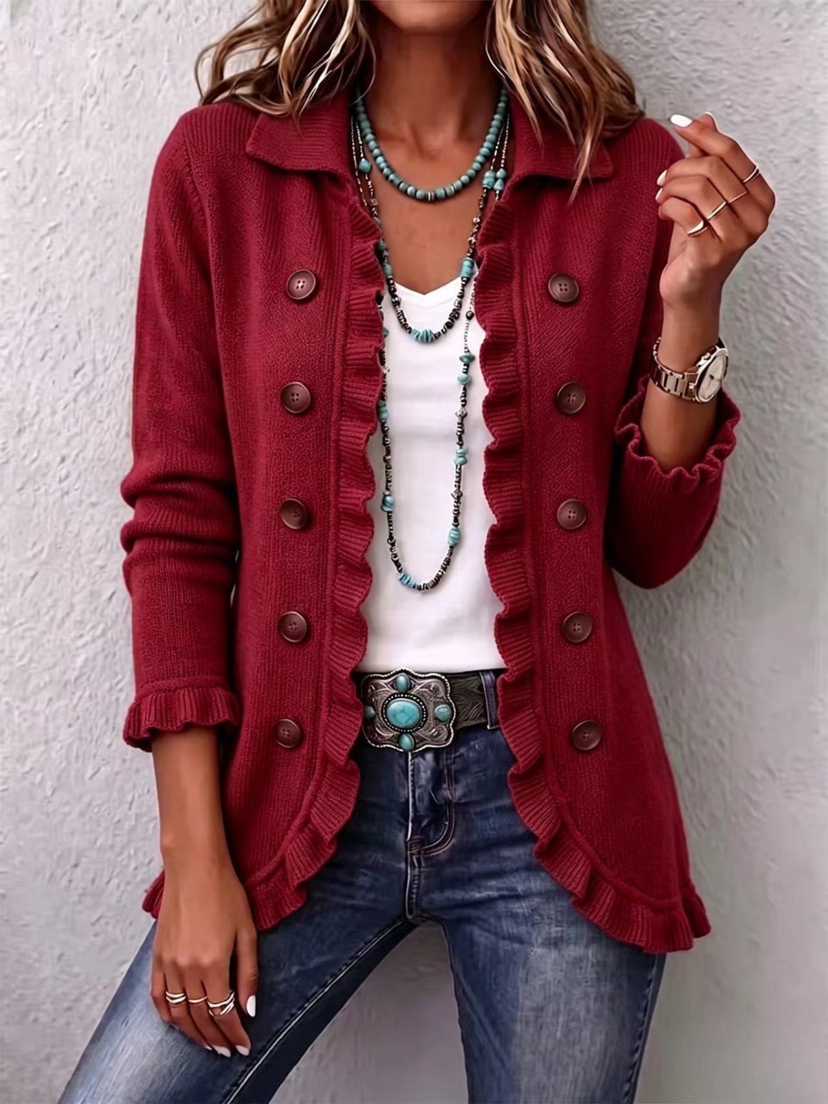 Imogene | Ruby Red Ribbed Knit Ruffle Jacket