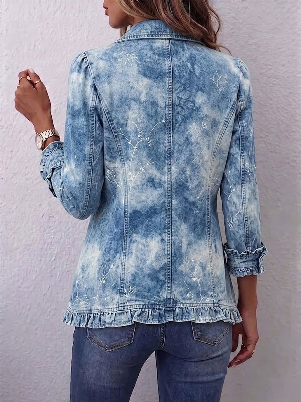 Nadya | Boho-Style Gradient Vintage Botanical Print Ruffle-Detail Jacket