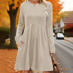Women's Ribbed Knit Long‑Sleeve A‑Line Midi Dress, Casual Loose Swing Fall Winter Dress