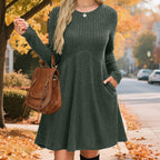 Women's Ribbed Knit Long‑Sleeve A‑Line Midi Dress, Casual Loose Swing Fall Winter Dress